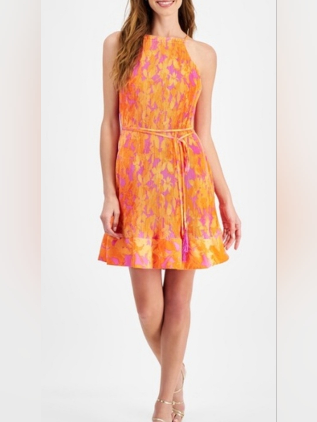 Taylor Halter Dress. Abtract Floral Print. Sz. Xl. Tie Back & Waist. Like New.
